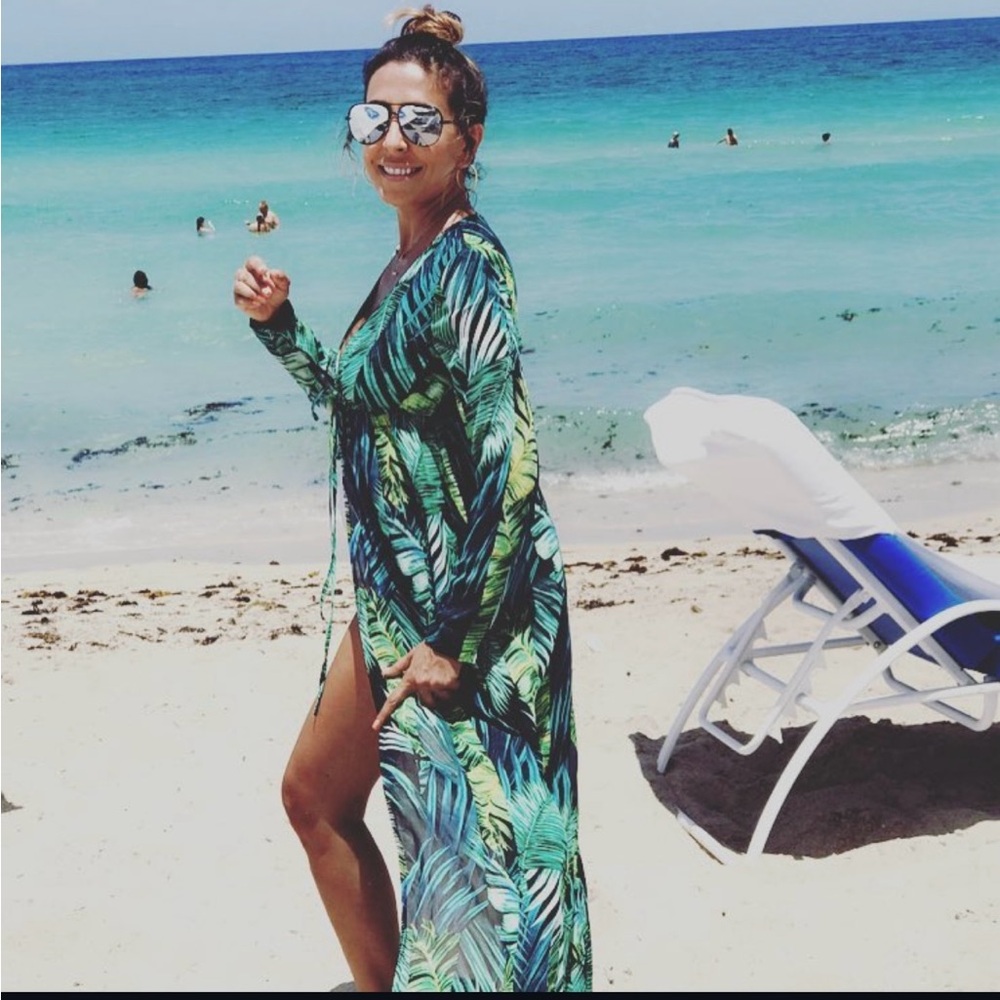 PrettyLittleThing Green Leaf Print Swim Coverup